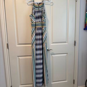 London Times Blue Green White Tribal Geometric Halter Maxi Dress Keyhole Sz 12